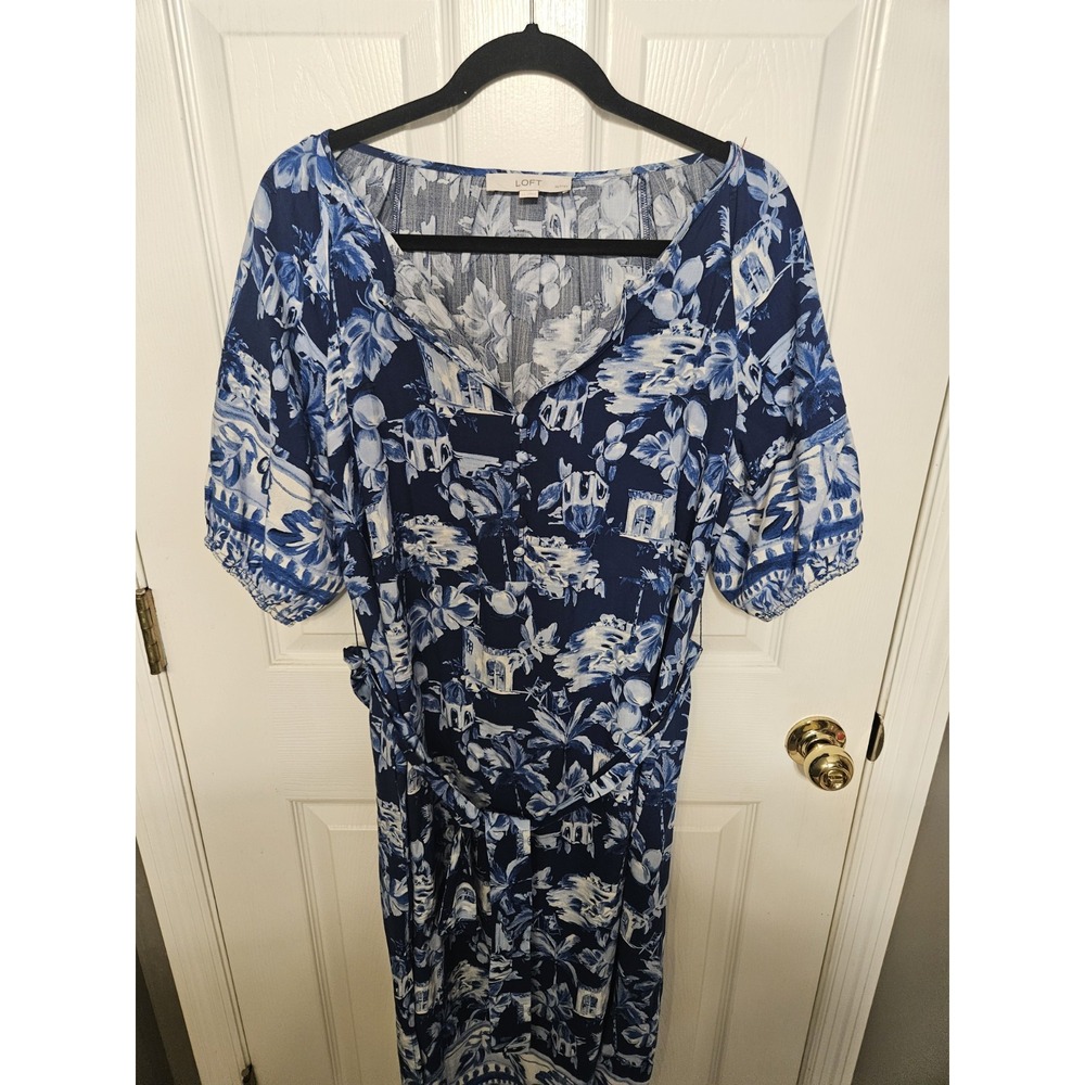 Loft Boho White/Blue Floral Maxi Dress Toe Waist Petite Size LP